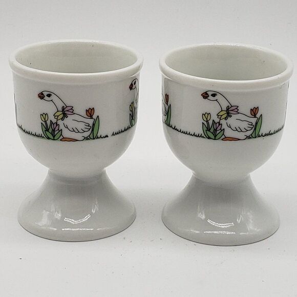 White Vintage Set of 2 Porcelain Geese & Tulips Footed Egg Cup Holders - Picture 4 of 7